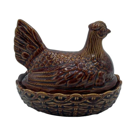 Vintage Portmeirion (?) Ceramic Hen on Nest w/2 Chicks Size 3-Medium MCM Brown - Picture 5 of 13